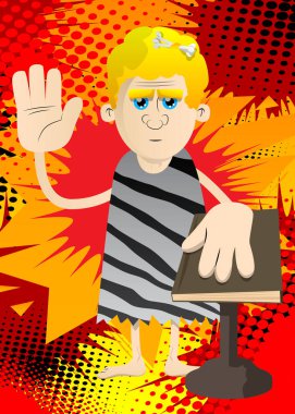 Tarih öncesi çizgi film adamı elini kaldırıyor ve diğerini kutsal bir kitaba koyuyor. Taş devrinden bir adamın vektör illüstrasyonu.