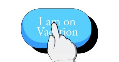 Tatil mesajında büyük bir işaret var. El, düğmeye basmak için işaret parmağına basıyor. 4k Çizgi Roman tarzı çizgi film animasyonu.