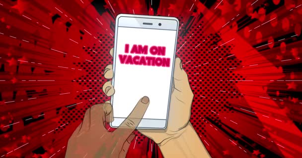 Екрані Смартфона Відпустці Рука Натискання Тексту Мобільний Телефон Анімація Стилі — стокове відео