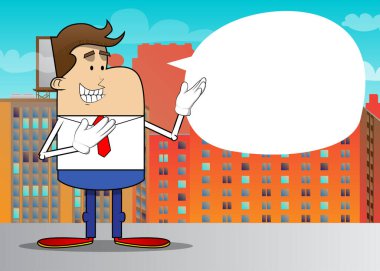 Basit bir iş adamı karikatürü. İki eliyle bir şey gösteriyor. Güçlü bir el hareketi. Profesyonel finans çalışanı. Kırmızı kravatlı beyaz gömlek giyiyor..