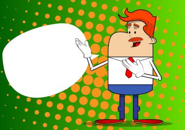 Basit bir iş adamı karikatürü. İki eliyle bir şey gösteriyor. Güçlü bir el hareketi. Profesyonel finans çalışanı. Kırmızı kravatlı beyaz gömlek giyiyor..