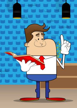 Kırmızı kitap okuyan ve bir şey anlatmaya çalışan bir iş adamının basit bir retro karikatürü. Profesyonel finans çalışanı. Kırmızı kravatlı beyaz gömlek giyiyor..