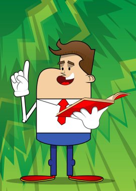 Kırmızı kitap okuyan ve bir şey anlatmaya çalışan bir iş adamının basit bir retro karikatürü. Profesyonel finans çalışanı. Kırmızı kravatlı beyaz gömlek giyiyor..