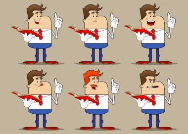 Kırmızı kitap okuyan ve bir şey anlatmaya çalışan bir iş adamının basit bir retro karikatürü. Profesyonel finans çalışanı. Kırmızı kravatlı beyaz gömlek giyiyor..