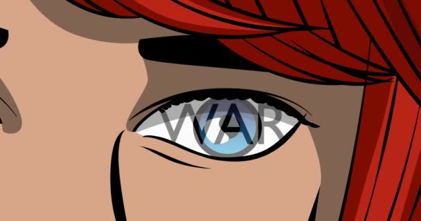 War Text Female Eye Close Cartoon Animation Comic Book Style — Stock Video