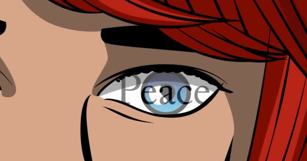 Friedenstext Weiblichen Auge Zeichentrickfilm Aus Nächster Nähe Comic Buch Stil — Stockvideo