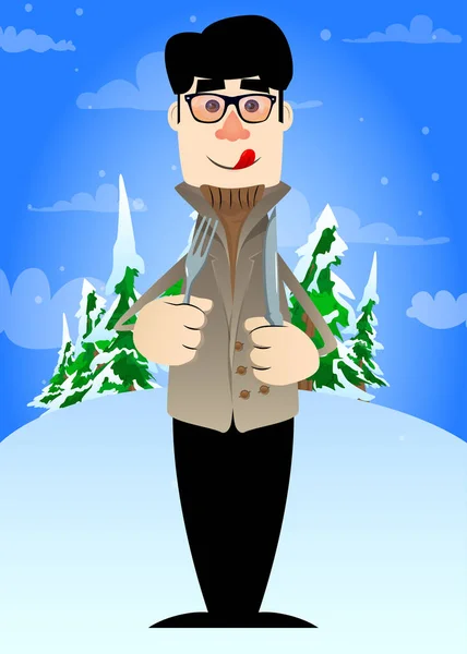 Homem Engraçado Dos Desenhos Animados Vestido Para Inverno Segurando Uma —  Vetores de Stock