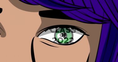 2022 sınıfı kadın gözüyle yazılmış. Yakın plan çizgi film animasyonu. Comic Book tarzı 4k stok video.