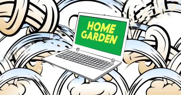 画面上の単語ホームガーデンとノートパソコン 4Kコミックブックスタイルのアニメーション — ストック動画