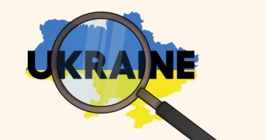 Ukrayna metniyle büyüteç. Araştırma için çizgi film aracı. Animasyon iş analizi kavramı.