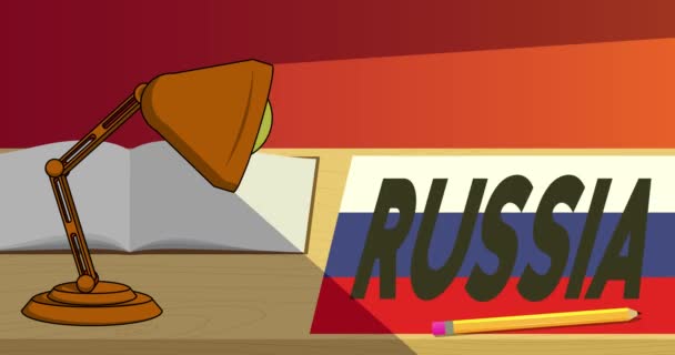 夜のテーブルランプ白紙にロシア語のテキストをオンにします オフィスライト漫画 4Kアニメーション — ストック動画