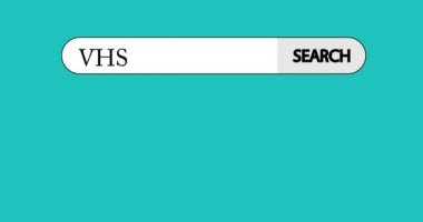 Metin VHS ile sanal arama çubuğu. İşadamı sağ işaret parmağını bir arama simgesine dokunmak için itiyor. 4k Comic Book tarzı animasyon. Video kaset, retro ev sinema unvanı, televizyon endüstrisi konsepti.