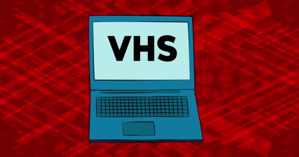 Laptop Słowem Vhs Ekranie Animacja Stylu Komiksu Kaseta Wideo Tytuł — Wideo stockowe