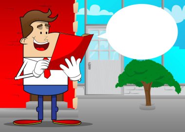 Kırmızı kitap okuyan bir iş adamının basit bir retro karikatürü. Profesyonel finans çalışanı. Kırmızı kravatlı beyaz gömlek giyiyor..