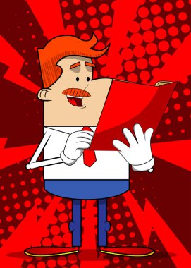 Kırmızı kitap okuyan bir iş adamının basit bir retro karikatürü. Profesyonel finans çalışanı. Kırmızı kravatlı beyaz gömlek giyiyor..