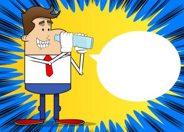 Cam şişeden su içen bir iş adamının basit bir retro karikatürü. Profesyonel finans çalışanı. Kırmızı kravatlı beyaz gömlek giyiyor..