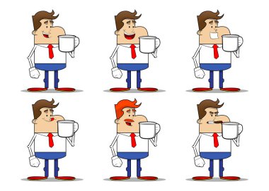 Elinde koca bir kupa tutan basit bir iş adamı karikatürü. Profesyonel finans çalışanı. Kırmızı kravatlı beyaz gömlek giyiyor..