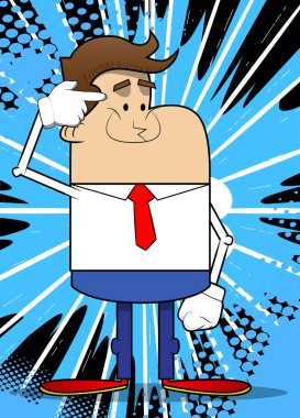 Kafasına hayali bir silah dayayan bir iş adamının basit bir retro karikatürü. Profesyonel finans çalışanı. Kırmızı kravatlı beyaz gömlek giyiyor..