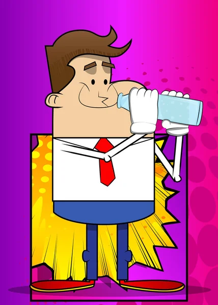 Desenhos Animados Retrô Simples Empresário Bebendo Água Uma Garrafa Vidro — Vetor de Stock