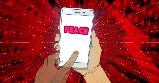 Peace Text Smartphone Screen Hand Clicking Text Mobile Phone Comic — Stock Video