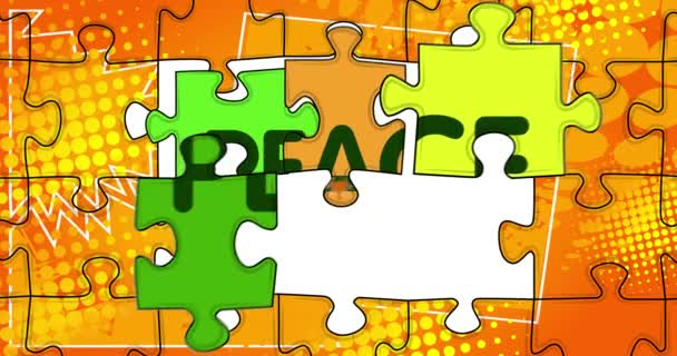 Puzzelstukjes Verbindingselementen Orde Met Tekst Peace Symbool Van Teamwork Samenwerking — Stockvideo