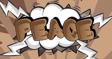 Huzur. Hareket posteri. 4k animasyon çizgi roman kelime metni soyut çizgi roman arkaplanı üzerinde hareket ediyor. Retro pop sanat tarzı.