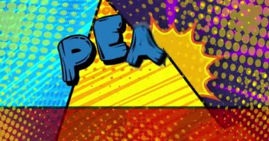 Huzur. Hareket posteri. 4k animasyon çizgi roman kelime metni soyut çizgi roman arkaplanı üzerinde hareket ediyor. Retro pop sanat tarzı.