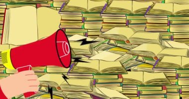 Eğitim sözcüğüyle retromegafon. Konsept duyurusu. 4k Çözünürlük çizgi film stok videosu.