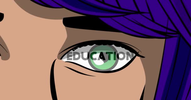 Education Text Female Eye Close Cartoon Animation Comic Book Style — Stock Video