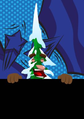 Karikatür kış çam ağaçları. Yüzlerinde siyah boş tabela var. Şirin orman ağaçları. Çam çizgi film karakteri üzerinde kar, komik tatil vektör çizimi.