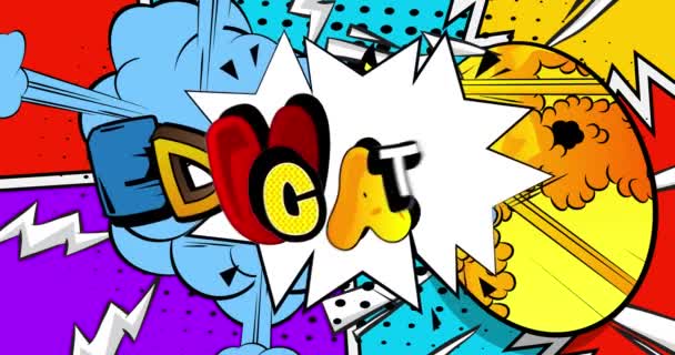 Bildung Bewegungsplakat Animierter Comic Worttext Auf Abstraktem Comichintergrund Retro Pop — Stockvideo