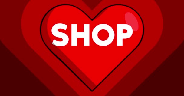心形与商店文字 红色跳动的爱的象征 健康和积极向上的情绪充满活力 4K股票视频 — 图库视频影像