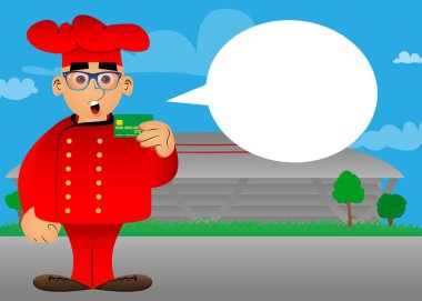 Kredi kartı tutan üniformalı şişman bir çizgi film şefi. Vektör illüstrasyonu.