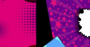 Soyut Renkli Pop sanat öğeleri siyaha kapanıyor ve beyaz arka planda açılıyor. Manga Giriş Hareketi posteri. 4k animasyon çizgi roman hareketli elementler. Retro biçimi başlık arkaplanı.