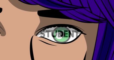 Kadın gözüyle öğrenci metni. Yakın plan çizgi film animasyonu. Comic Book tarzı 4k stok video.