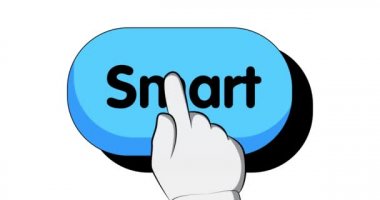 Akıllı metni olan büyük bir işaret. El, düğmeye basmak için işaret parmağına basıyor. 4k Çizgi Roman tarzı çizgi film animasyonu.