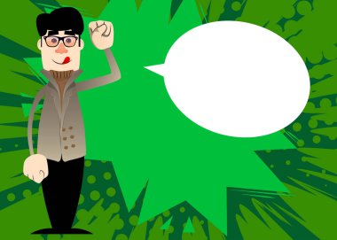 Kış için giyinmiş komik çizgi film adamı insanlara yumruk hareketi yaptırıyor. Vektör illüstrasyonu.