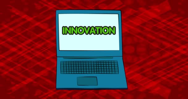 Laptop Med Ordet Innovation Skärmen Animation Serietidningsstil — Stockvideo