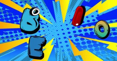 Manga karikatür arkaplan videosu ve rastgele hareketli harfler. Retro karikatür tarzı arka plan. Pop sanat çizgi roman tanıtımı. Hareket posteri. 4k Canlandırılmış Değişen Duvar Kağıdı.