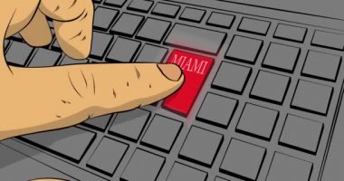 Miami kelimesi bilgisayar klavyesinde. Adam dizüstü bilgisayarda tuş takımına basıyor. 4k Çizgi Roman tarzı animasyon.
