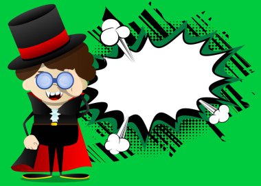 Cadılar Bayramı için giyinmiş çocuk dürbünle bakıyor. Vektör çizgi film karakteri. Oyun oynamaya hazır çocukların çizimi..