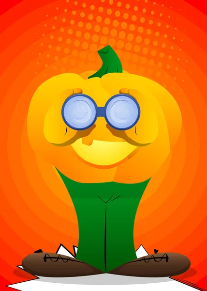 Abóbora Decorativa Para Halloween Olhando Através Binóculos Como Personagem Desenho — Vetor de Stock
