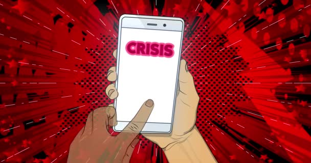 Crisis Tekst Smartphone Scherm Hand Klikken Tekst Mobiele Telefoon Comic — Stockvideo