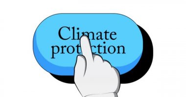 İklim koruma metninin büyük işareti. El, düğmeye basmak için işaret parmağına basıyor. 4k Çizgi Roman tarzı çizgi film animasyonu.