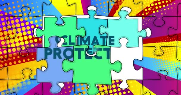 Puzzelstukjes Verbindingselementen Orde Met Tekst Klimaatbescherming Symbool Van Teamwork Samenwerking — Stockvideo
