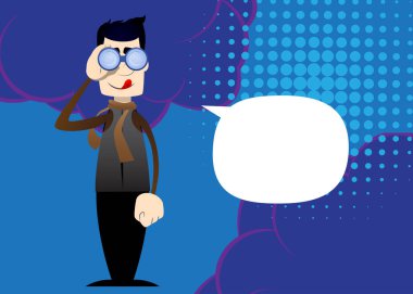 Kış için giyinmiş komik çizgi filmci dürbünle bakıyor. Vektör illüstrasyonu.