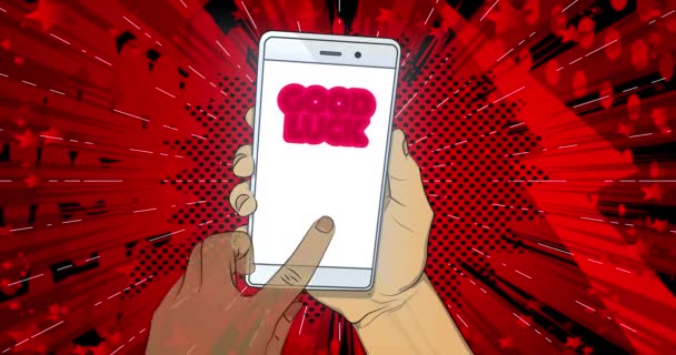 祝你在智能手机屏幕上的短信好运 在手机上点击文字 4K漫画书风格动画 — 图库视频影像