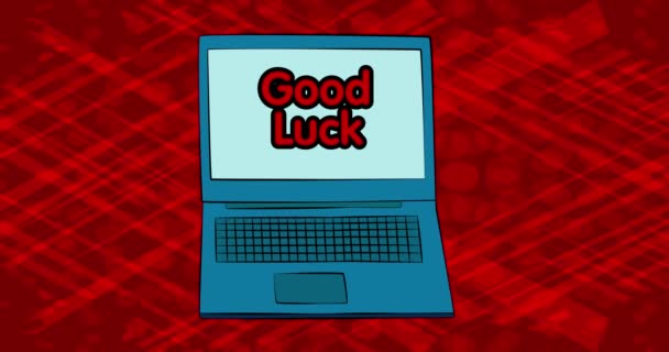 Laptop Word Good Luck Screen Comic Book Style Animation — Stock Video