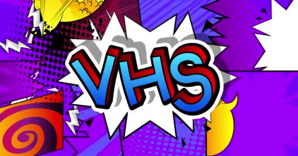 Vhs Bewegungsplakat Animierter Comic Worttext Auf Abstraktem Comichintergrund Retro Pop — Stockvideo