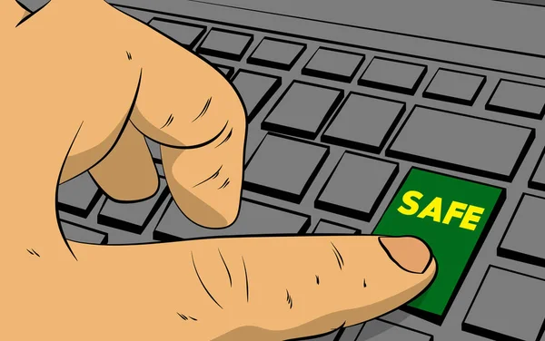 Bilgisayar klavyesinde güvenli kelime. Adam dizüstü bilgisayarda tuş takımına basıyor. Çizgi roman tarzı konsept.